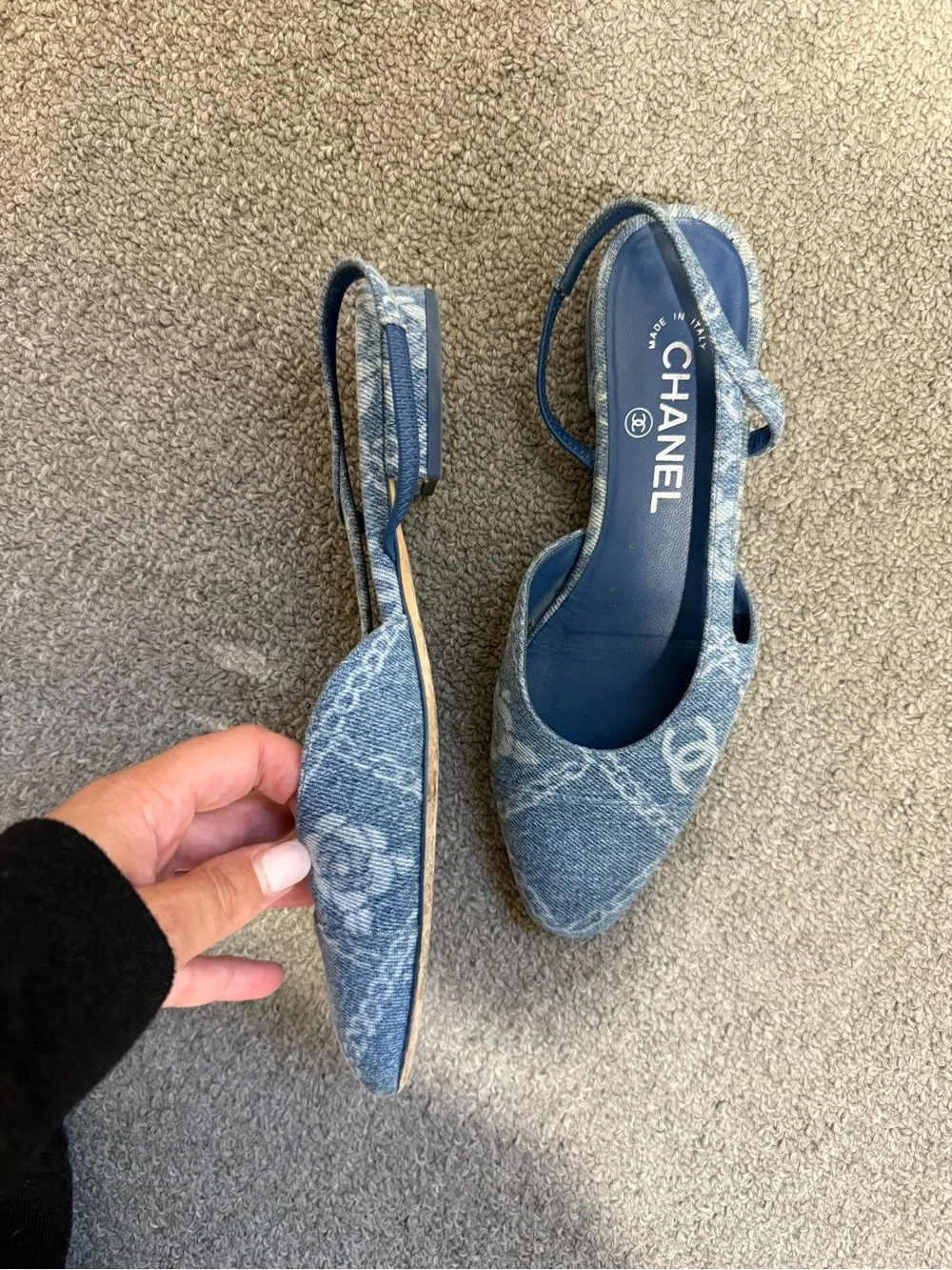 CHANEL Denim Blue Slingback Mules with CC Motif